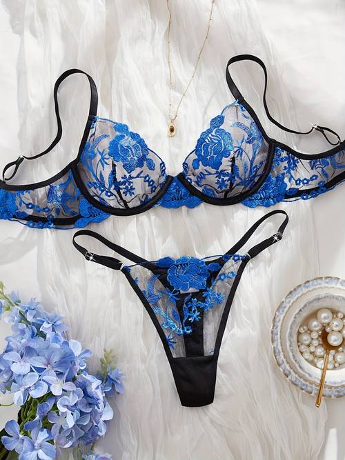 romantisches lila halbtransparentes blumenstickerei unterwäsche & bh-set - passendes dessous-set für valentinstag, hochzeit, jubiläum - handwaschbarer bh & slip