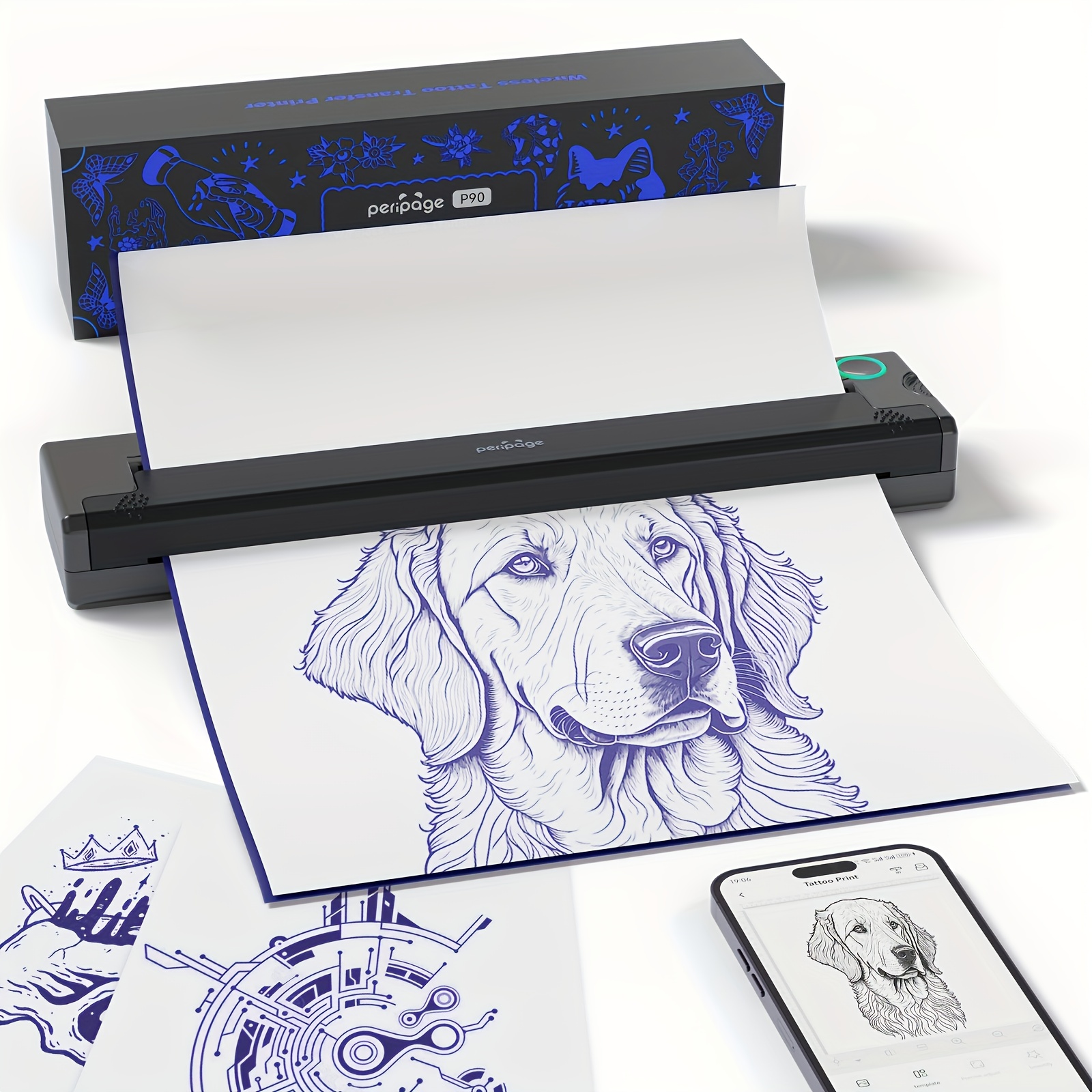 TEMU Peripage P90 Mini Tattoo Stencil Printer - Portable Thermal Printer For Diy Tattoos, Smartphone & Pc Compatible (ios/android), Includes 10pcs A4
