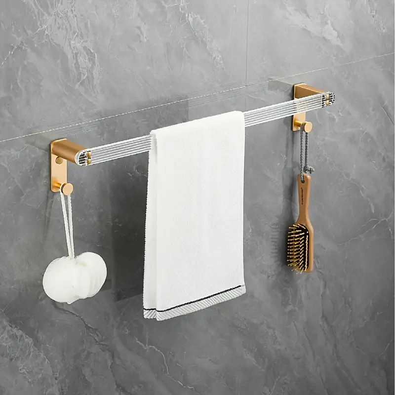 modern golden aluminum bathroom towel rack wall mounted 2 tier space saving design with ends no drill installation for contemporary bathrooms contemporary bathroom accessory luxury bathroom fixture sturdy construction bathroom decor and accessories Product details 0