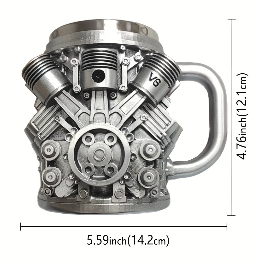 1pc stainless steel engine design coffee mug featuring v8 and v6 engine compartments durable and stylish   for car enthusiasts hand wash only reusable metal cup suitable for hot or cold beverages 2