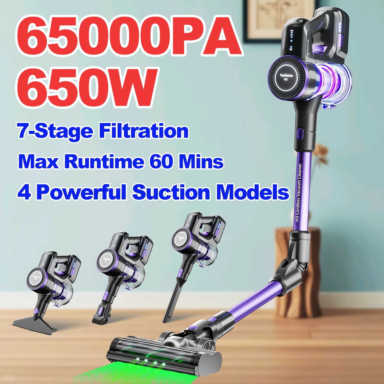 650w High Power Vacuum 73kpa Strong Suction Brushless Motor Sensor Pet Hair For Carpet Sofa