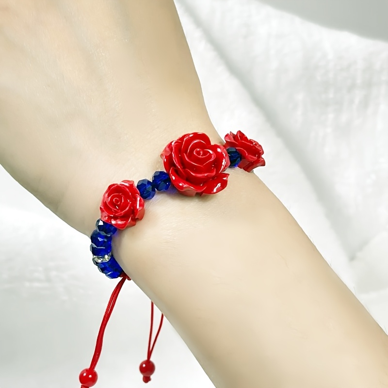 Adjustable Beaded Bracelet with Red Rose Charm & Red Beads