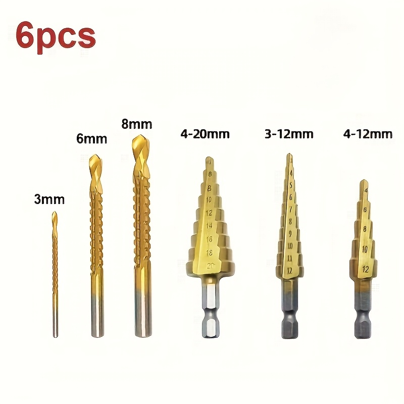 Image of 6pcs Titanium-coated Drill Bit Set (4/4-12/3-12mm, 3/6/8mm) - Precision Twist Bits For Wood & Metal, Durable Corrosion-resistant Construction, , Professionalgrade Bits, Design, Durable Construction