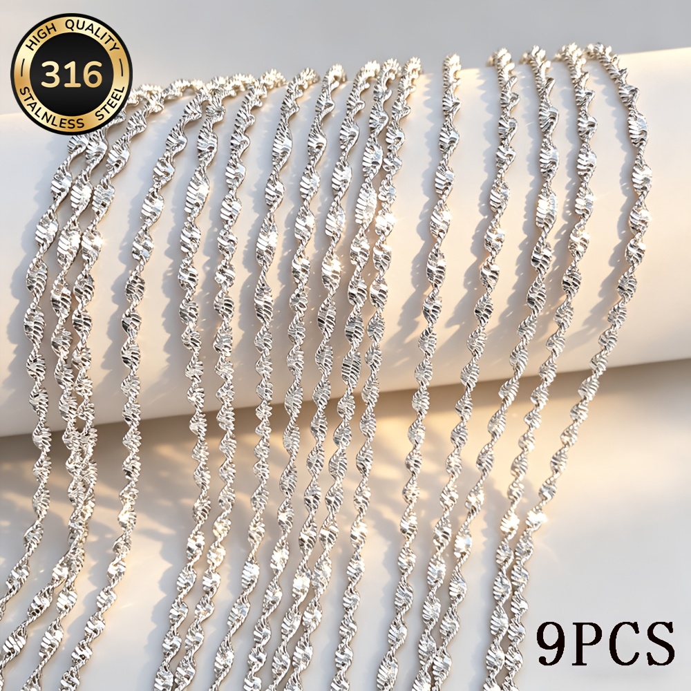 TEMU Collana a catena con maglie a torsione- classica in acciaio inossidabile, 9 pezzi/confezione, + di prolunga da 5 cm/1,96 pollici, impermeabile,