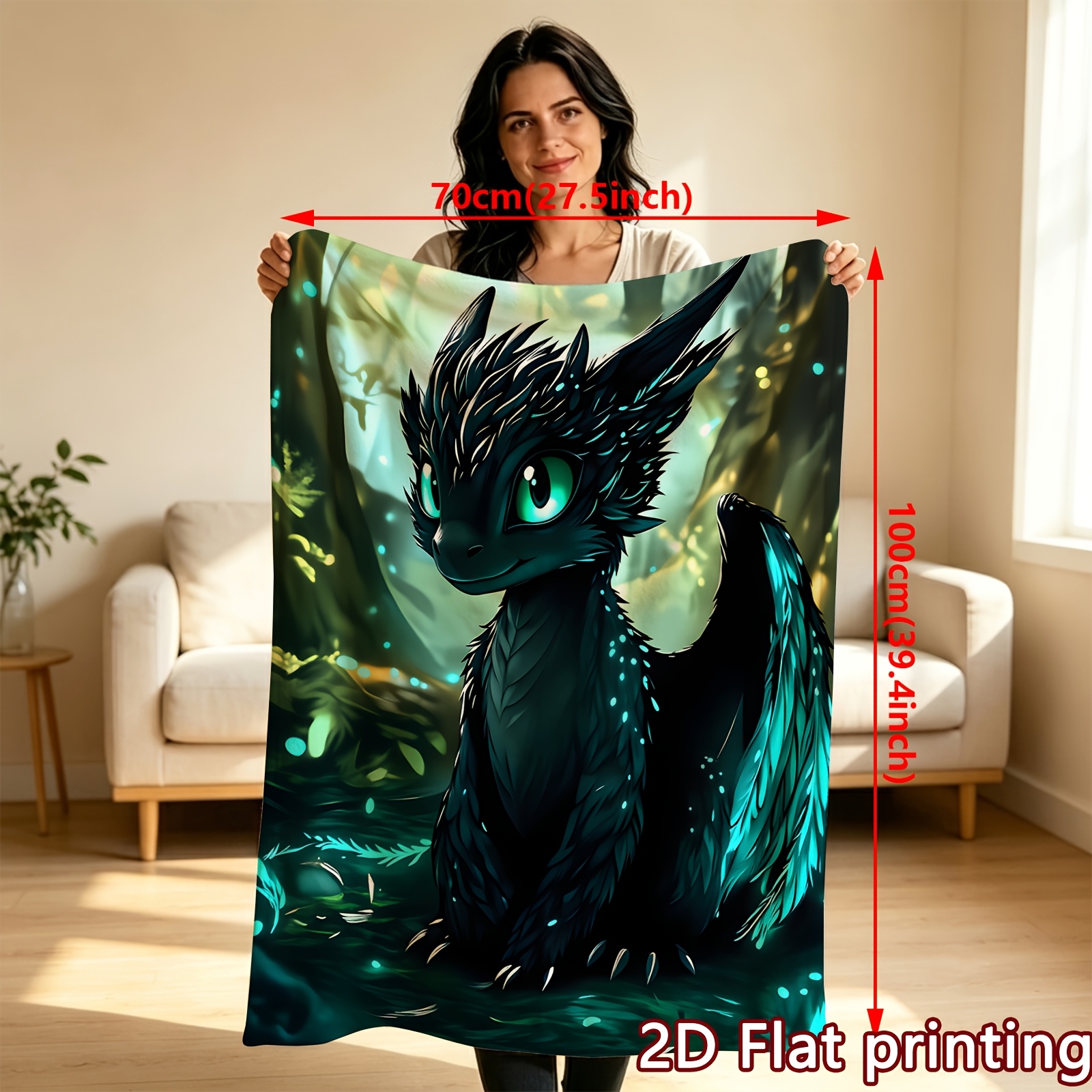 TEMU 2d Flat Printed 1pc Soft Flannel Blanket With Cute Black Dragon In Mysterious Forest Scene | Cozy Throw For Sofa Bed, Flannel Flannel Material