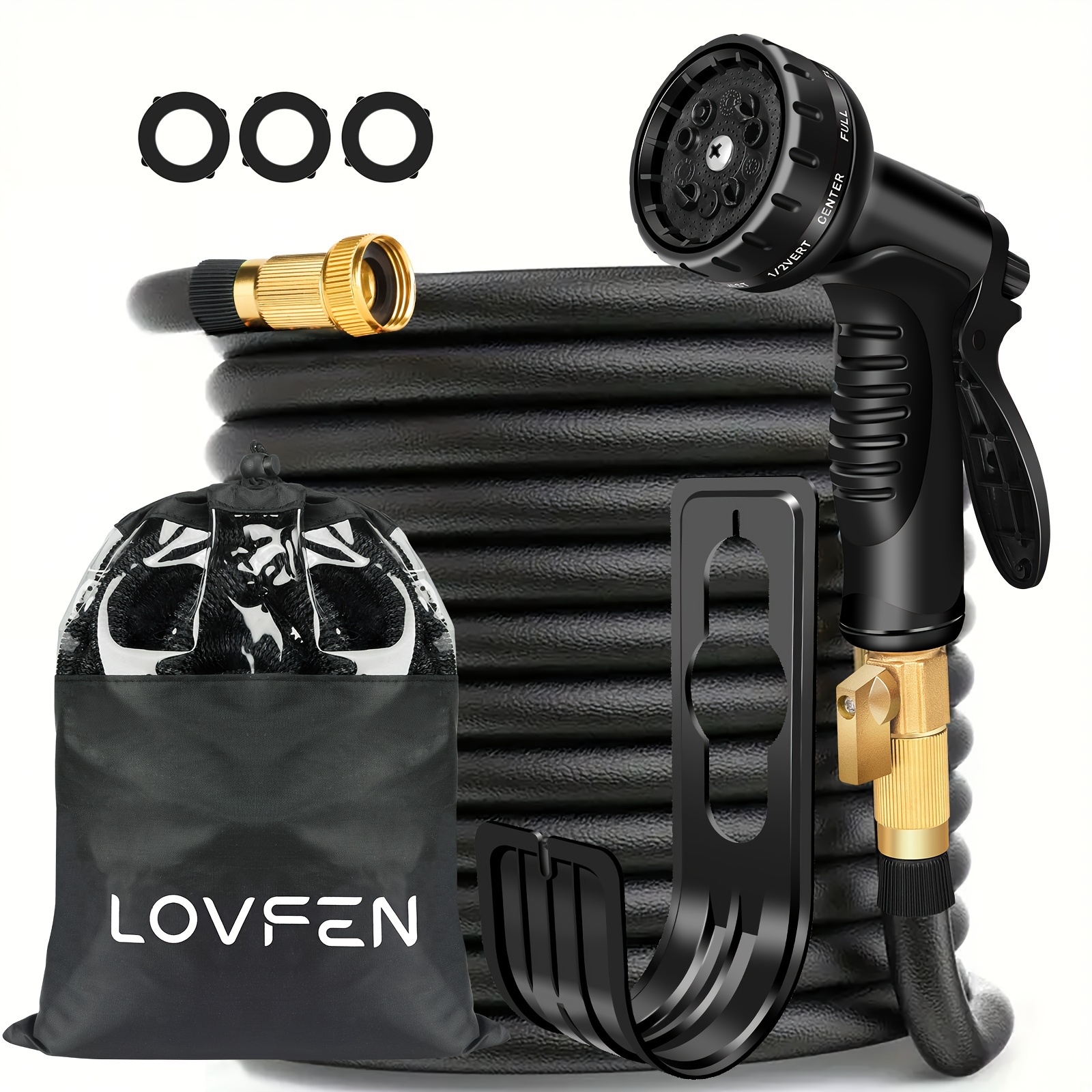 

Lovfen 25/50/75//150ft Heavy-duty Garden Hose With 10- High-pressure Spray Nozzle, 3/4 Solid Brass Fittings, Leakproof Design, Rubber Material, Cleaning, Forestry, And Gardening