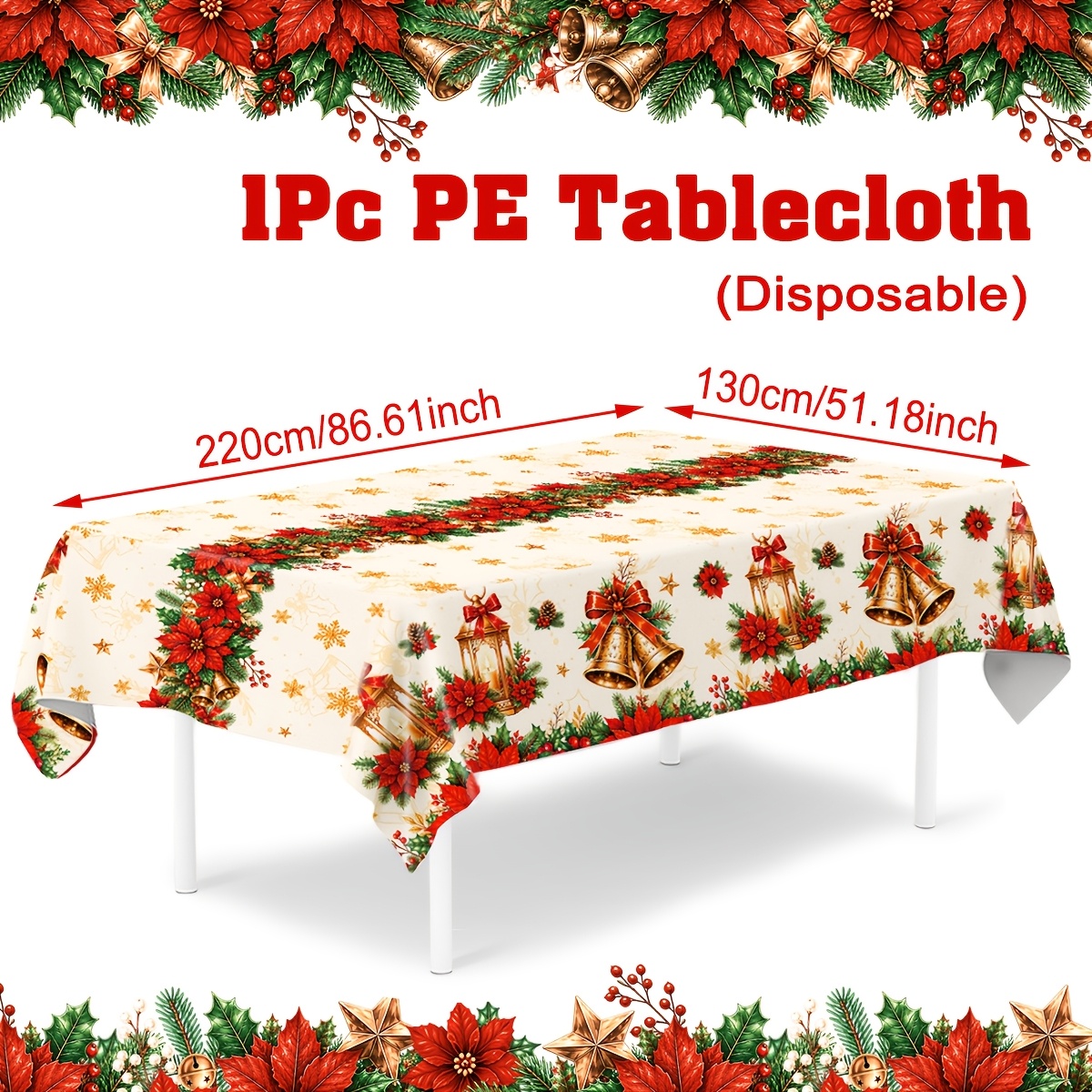 TEMU 1pc, Christmas Wreath Pe Tablecloth, 130*220cm, Merry Christmas Party Decoration, Noel Navidad, Xmas Decor, Winter Theme Party Decor, Happy New