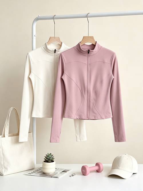 imagen del artículo conjunto de 2 piezas de y otoño para mujer, chaqueta deportiva de yoga de moda, cierre de cremallera completa, entallado para curvas con definición de cintura, largas con guantes sin dedos, cortavientos y , para correr, yoga, fitness, estudio, , citas