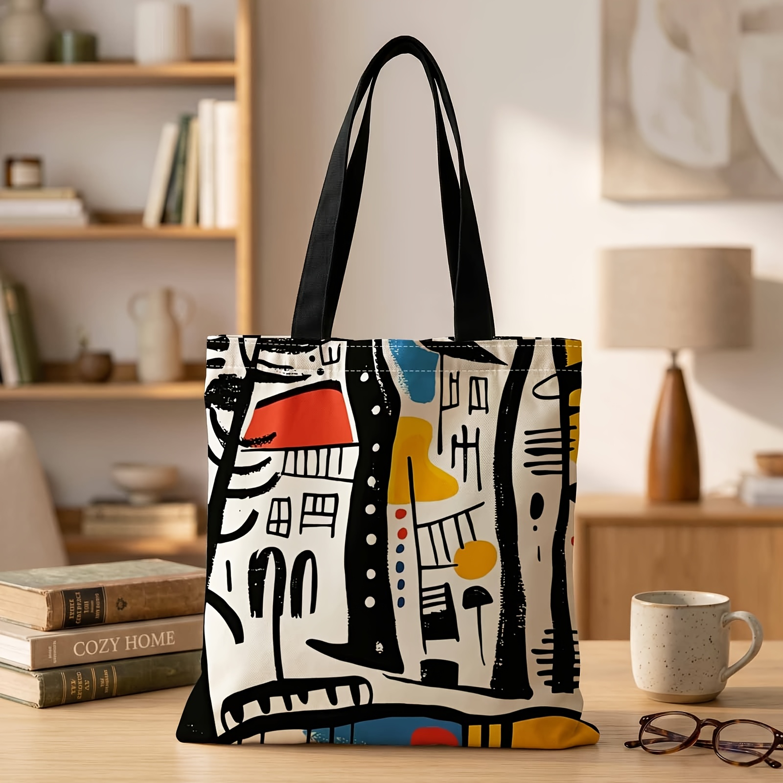 TEMU 2d Printed Handbag With Abstract Urban Pattern, Reusable Fashion Shoulder Bag Shopping Tote Bag Suitable For Shopping, Office, Vacation, Daily ,