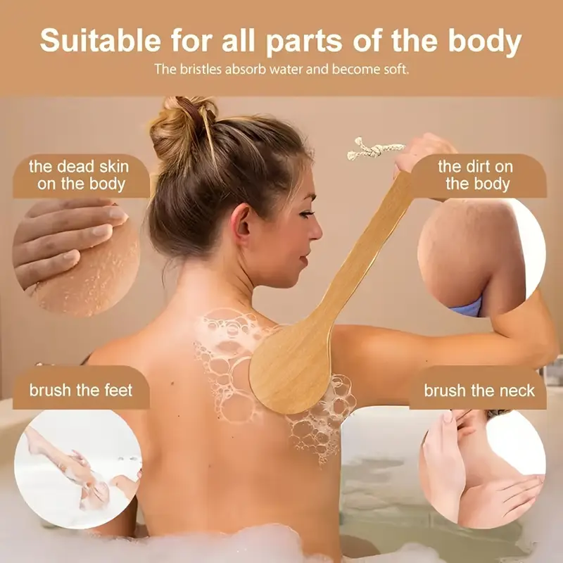 long handle body brush with soft bristles non electric back scrubber for dry light beige exfoliation gentle bath shower tool for smooth light beige no battery needed for home or spa shower brush durable construction skincare routine bristles skincare enthusiasts Product details 1
