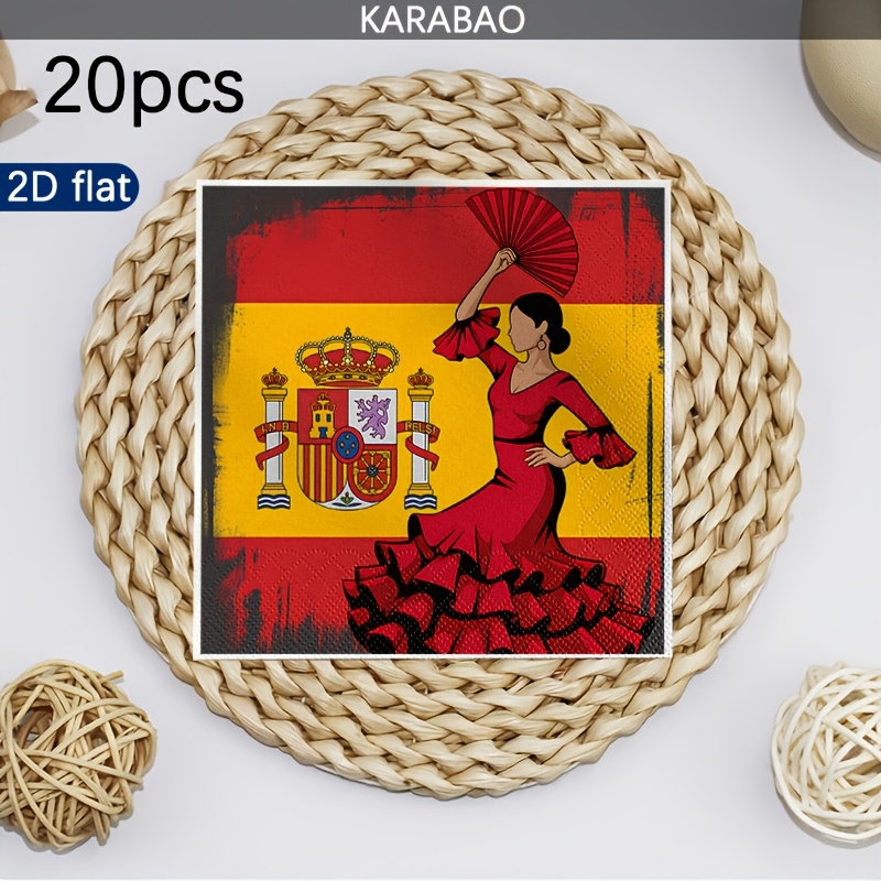 TEMU Lot de 20 serviettes sur le thème espagnol avec drapeau espagnol rouge et ballerine - Double épaisseur, adaptées pour décorations de mariage,