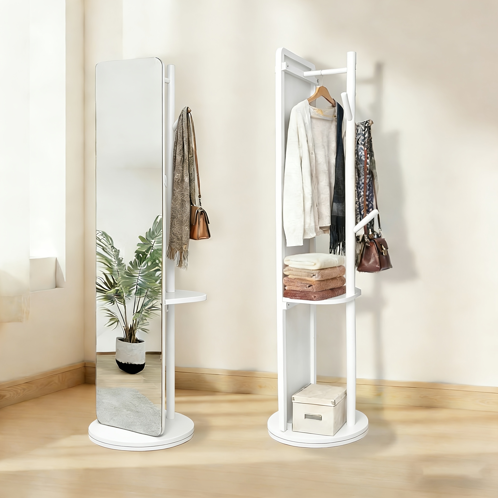 TEMU Solid Wood 360Â° Rotating Full-length Floor Mirror Featuring A Clothes Rack And Hidden Storage; A Minimalist, Multifunctional Dressing Mirror