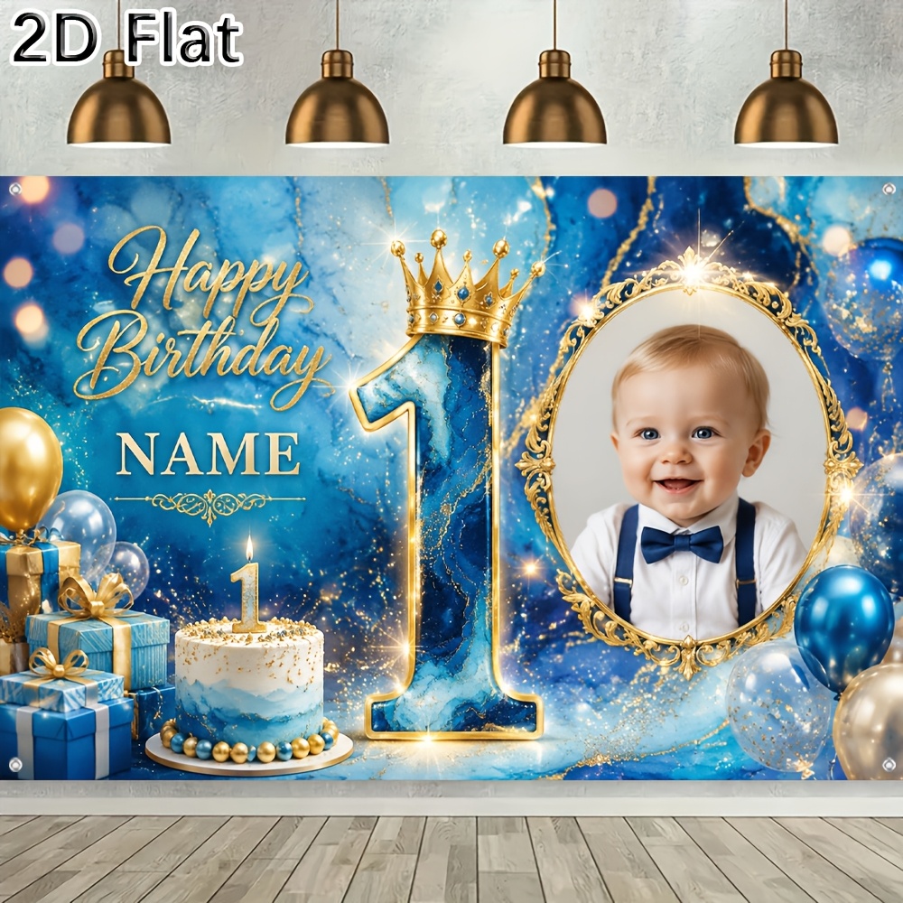 TEMU 2d Flat, [2d Plat] 1pc Party Banner Custom Photo Name Blue Golden Happy 1st Birthday Backdrop For Birthday Celebration Photo Booth Decoration