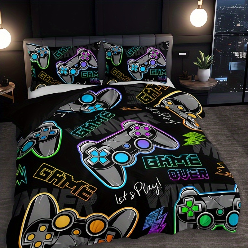 TEMU 3pcs Gaming Controller & Letters Duvet Cover Set (1 Duvet Cover + 2 Pillowcases No Filling), High Definition Print, Home Dorm Decor