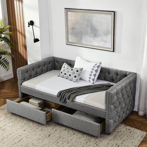 upholstered twin size daybed with two drawers with button and copper nail on square