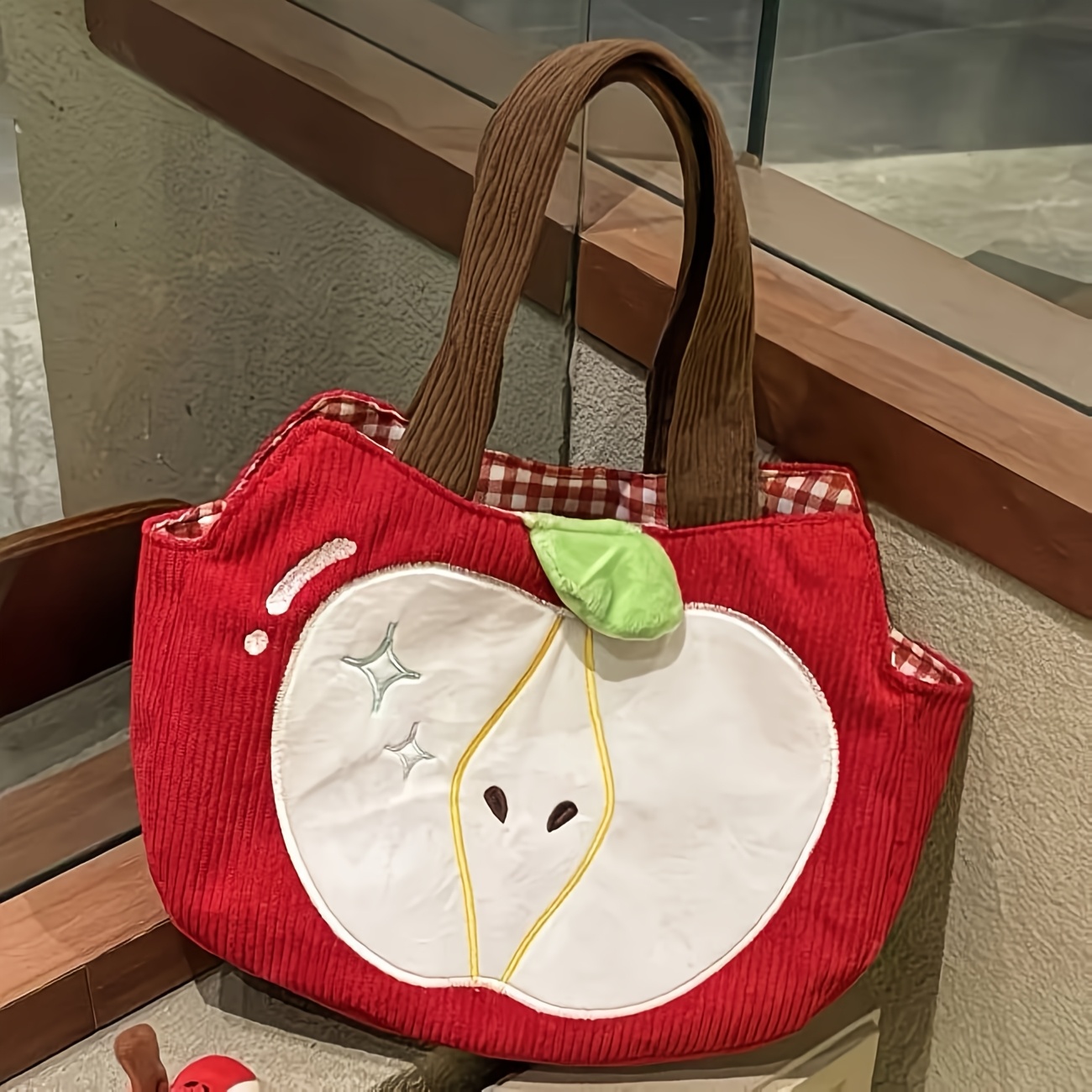 TEMU Sac Pomme, Sac à main en velours côtelé, Sac de transport polyvalent avec clochette attrayante, Sac de rangement portable