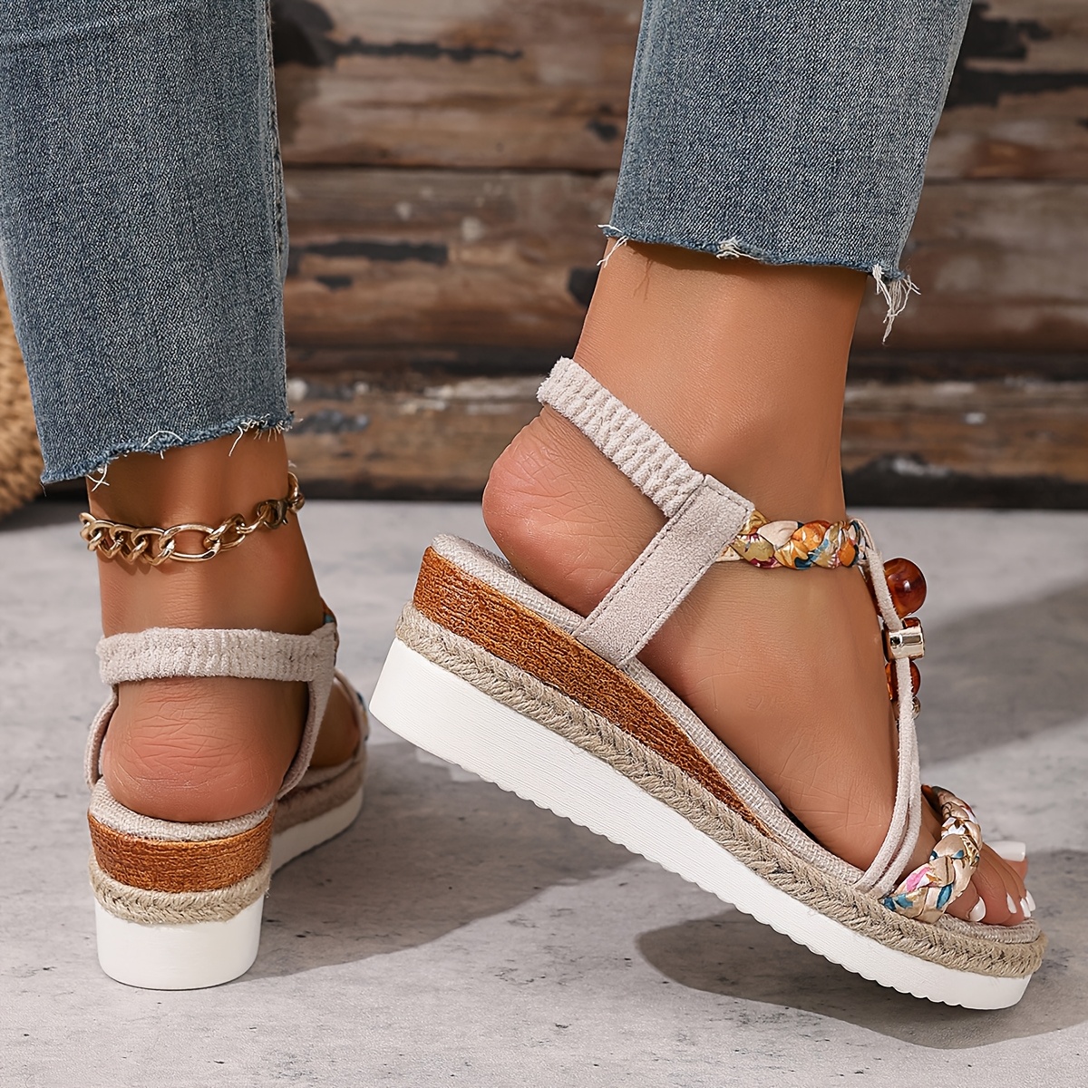 Bohemian Style Espadrille Wedge Sandals for Women - Open Toe, Ankle Strap, High Heel, Comfortable Summer Beach Shoes with Colorful Beaded Accents, Strappy Sandal