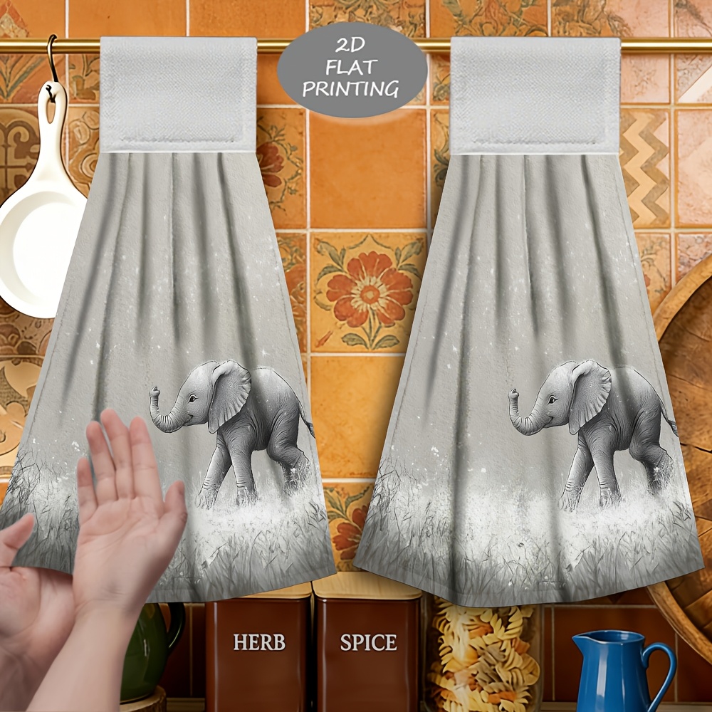 TEMU 2pcs Snow Elephant Pattern Print Hanging Hand Towel Kitchen Hand Towels, Soft Microfiber Material, Strong Absorbency, , Suitable For Bathroom