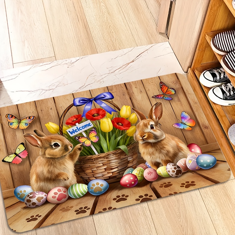 E-shop 1 Stück und Eier Fußmatte, Blumenkorb Tulpen Schmetterling Druck Willkommens-Eingangsmatte, Bauernhaus Holzmaserung Hintergrund,