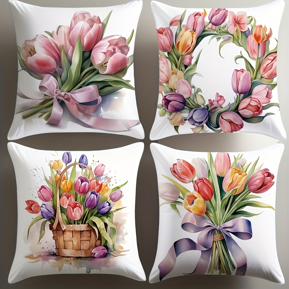 

4-pack Spring Throw Pillow Covers, Contemporary Floral Print, Hand Wash Only, Zipper Closure, Woven Polyester, Decorative Cushion Cases For Living Room Sofa And Bedroom, 17.72x17.72 Inches - No Insert