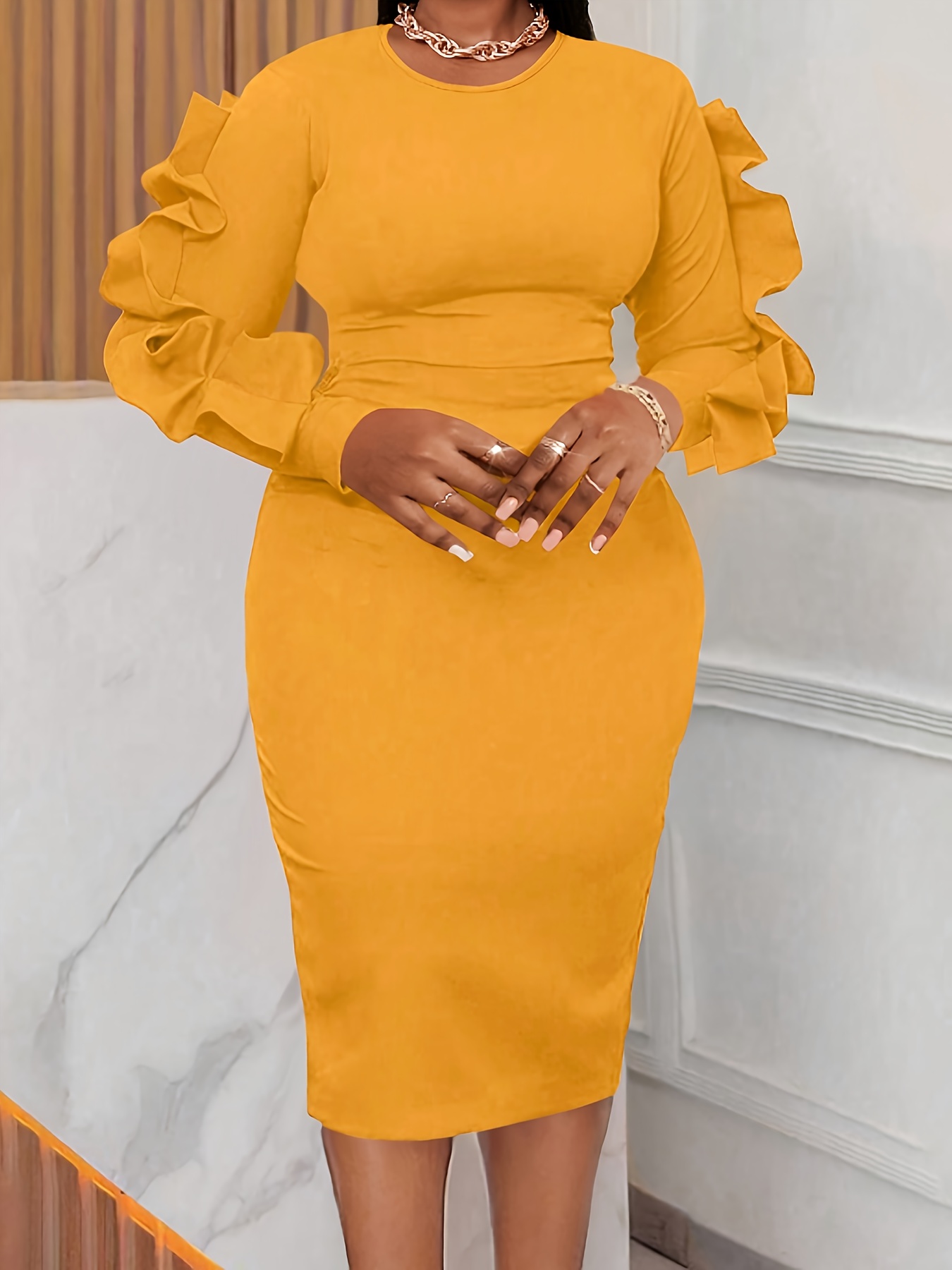 Plus Size, Plus Size Women's Round Neck * Long Sleeve Elegant Dress