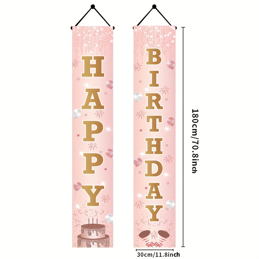 Image of 1 Pair Pink Rose Golden Happy Birthday Porch Banner - Festive Party Decorations With Cake & Sparkles For Door, Wall, Or Entryway, Birthday Celebrations, Birthday Party Decorations