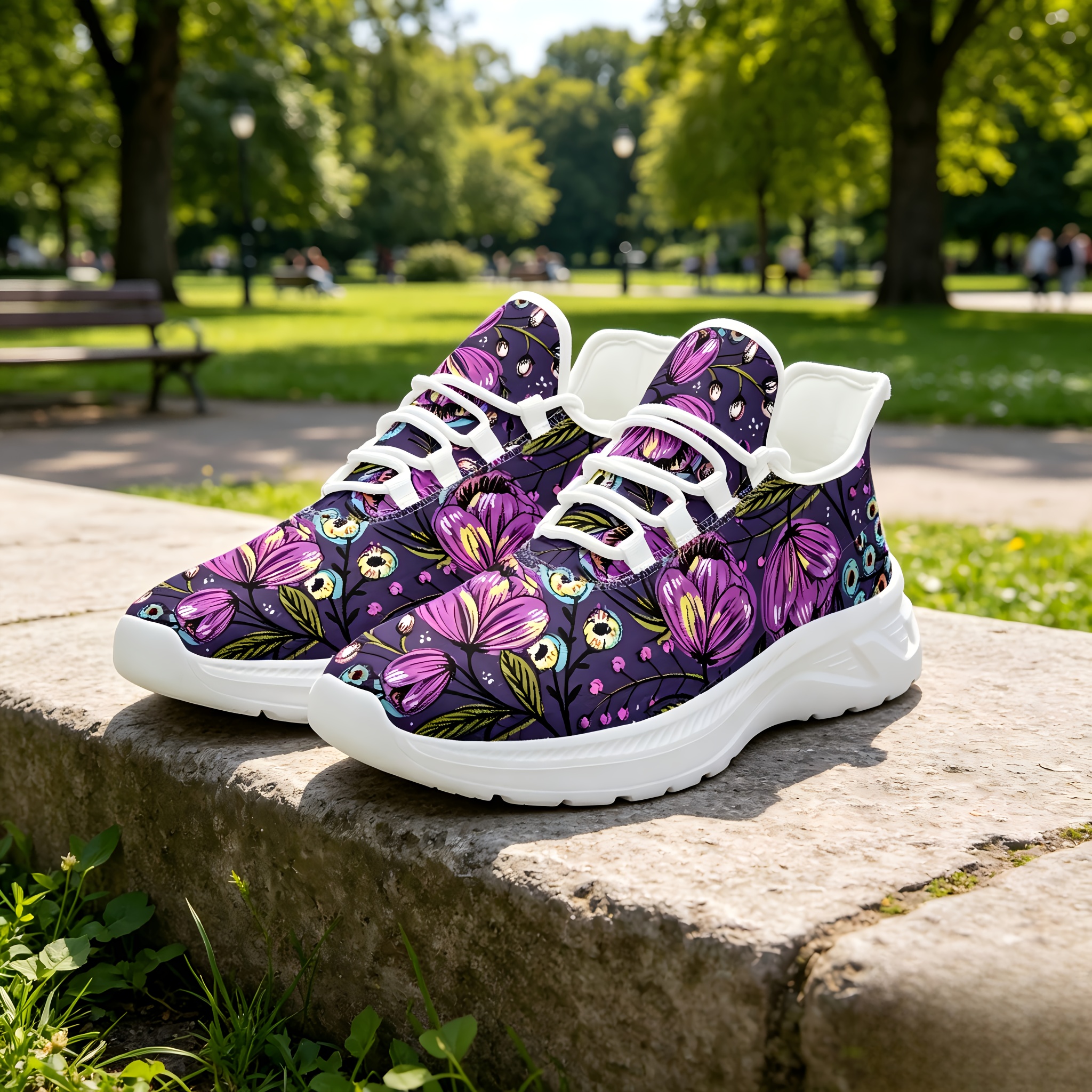 TEMU Women's Lightweight Breathable Low-top Sneakers With Purple Sole Floral Print - Neutral Arch Lace-up Running Shoes Suitable For - Wear, Md Sole