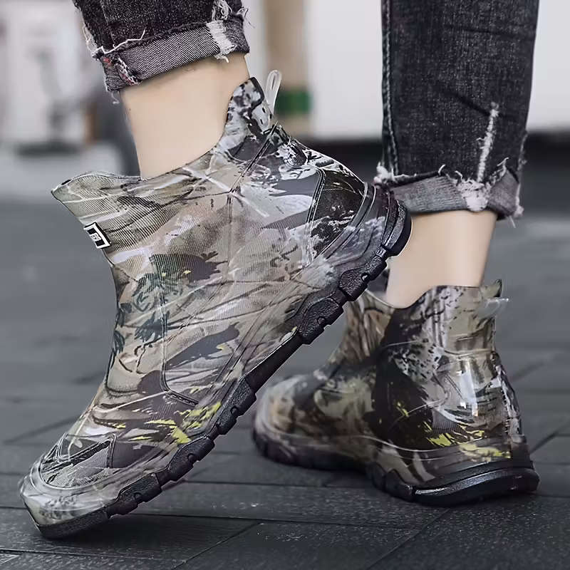 mens camo print ankle rain boots non slip durable pvc eva cushioned insole low for green black for casual or outdoor activitie Product details 4