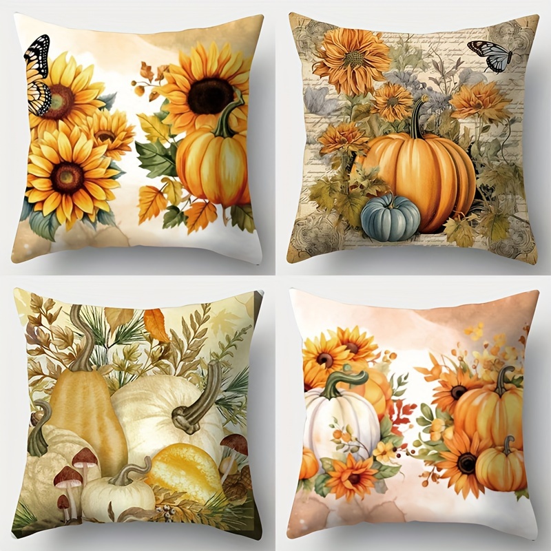 

Autumn Pumpkin Floral 4pcs Throw Pillow Cover Set - , Polyester, Zip Closure - Sofa & Home Decor, Fall Parties (no Insert)