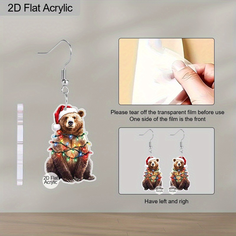 2D Flat Bear Acrylic Dangle Earrings, Christmas Gift