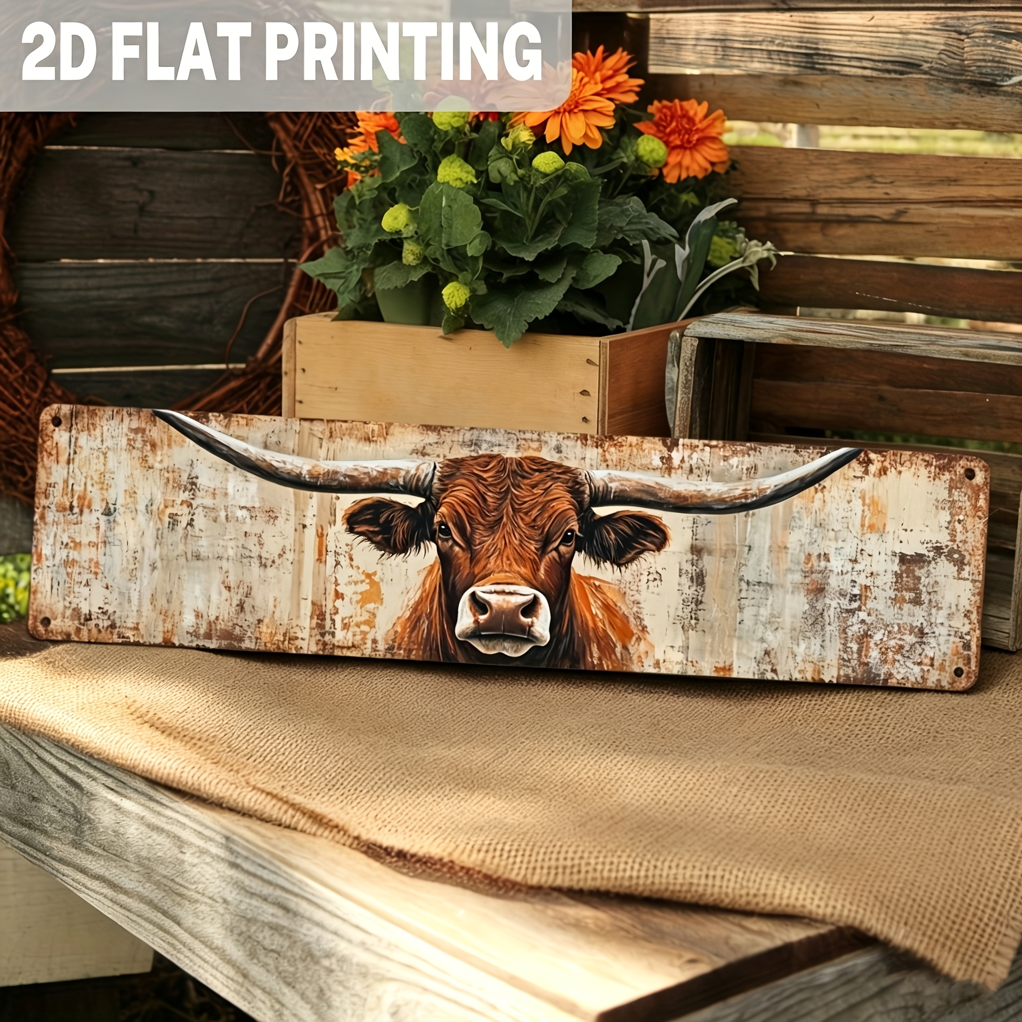TEMU Plat 2D, Plan 2D - Panneau mural en métal vintage Longhorn en plan 2D - Décoration de ranch western durable, 3,93x15,74 pouces, Art mural à