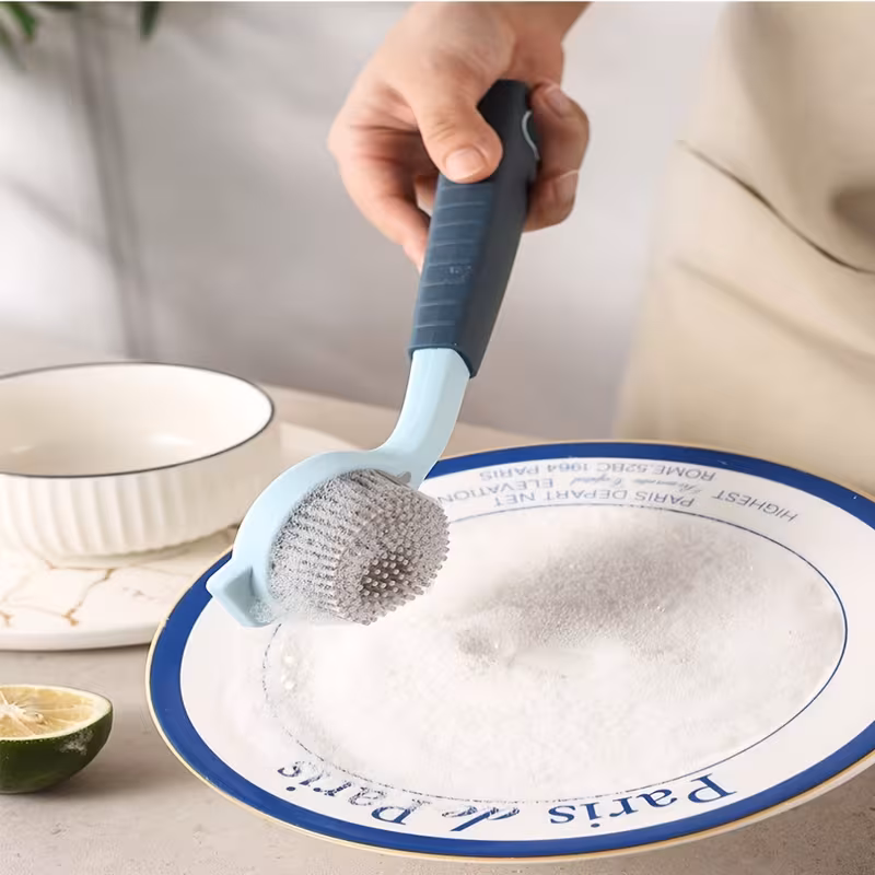 durable pp long handle cleaning brush soft silicone bristles for scrubbing ideal for kitchen dishes pots non electric stain removal kitchen cleaning tool soft bristle brus Product details 6