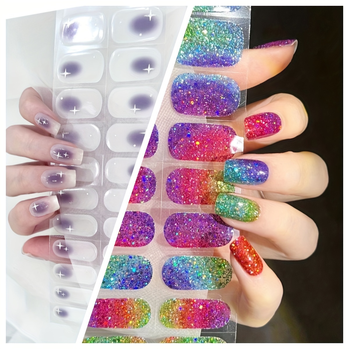 

Rainbow Glitter Semi Cured Gel Nail Wraps, Semi-cured Gel Nail Strips-works With Any Nail Lamps, Salon-quality,long Lasting,easy To Apply & Remove