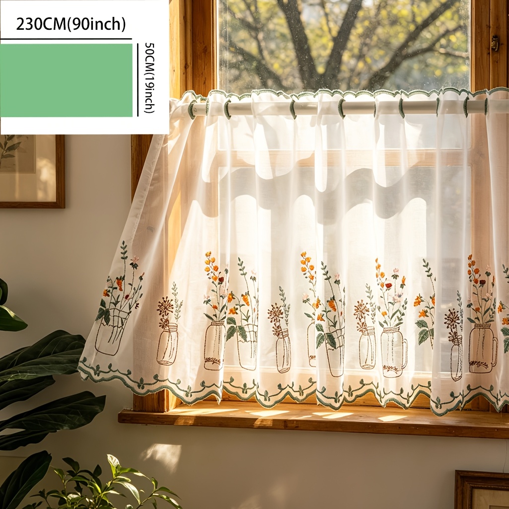 TEMU 1pc Aesthetic Embroidery Vase Small Floral Curtain, Bedroom Bay Window Decor Drapes, Kitchen Bathroom Half Curtain, Style Small Window Shade