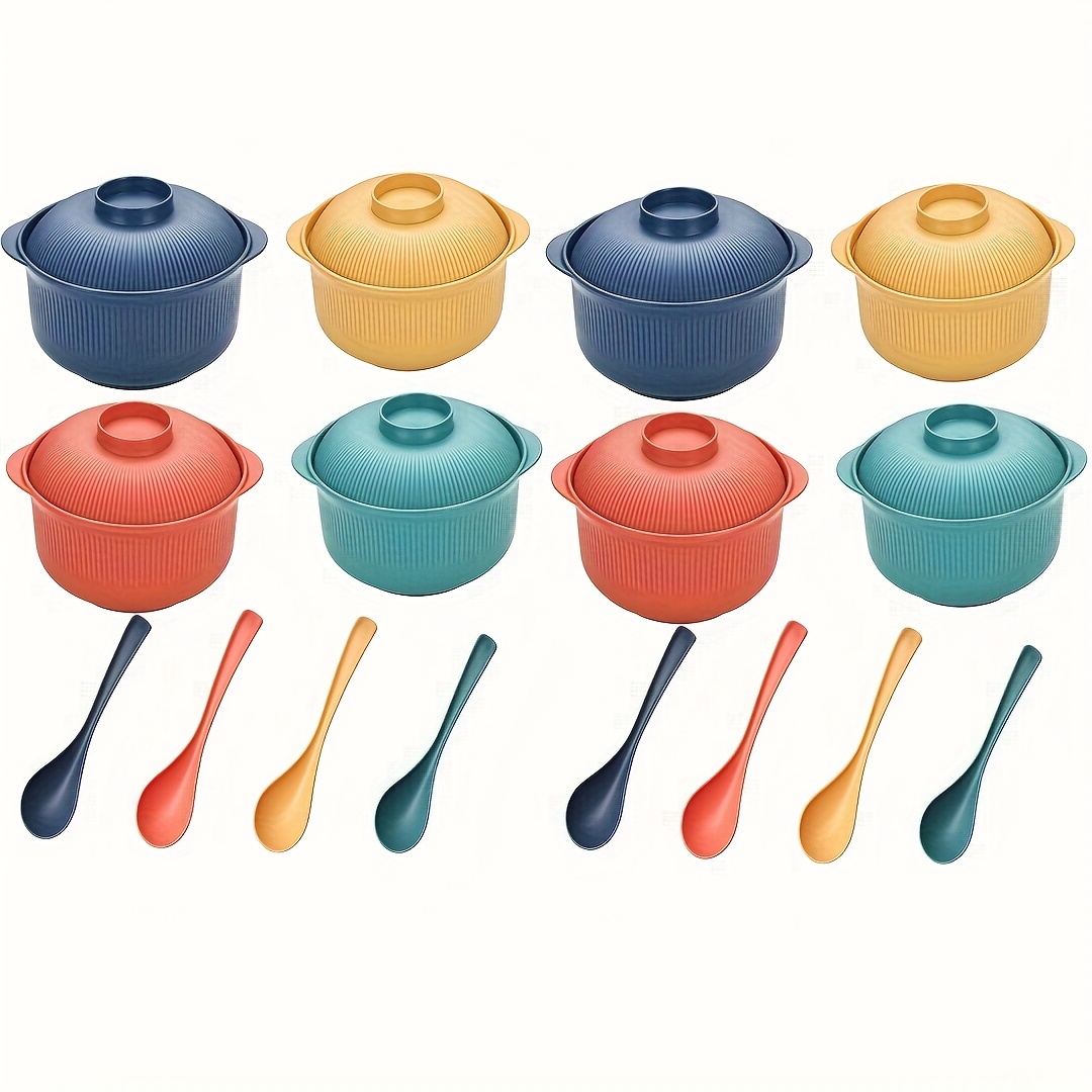 TEMU 8/16/32pcs Wheat Straw & Plastic Large Capacity Bowls Set | 40oz/1100ml With Lids, Handles & Long Spoons, Microwave/dishwasher Safe, Non-slip,