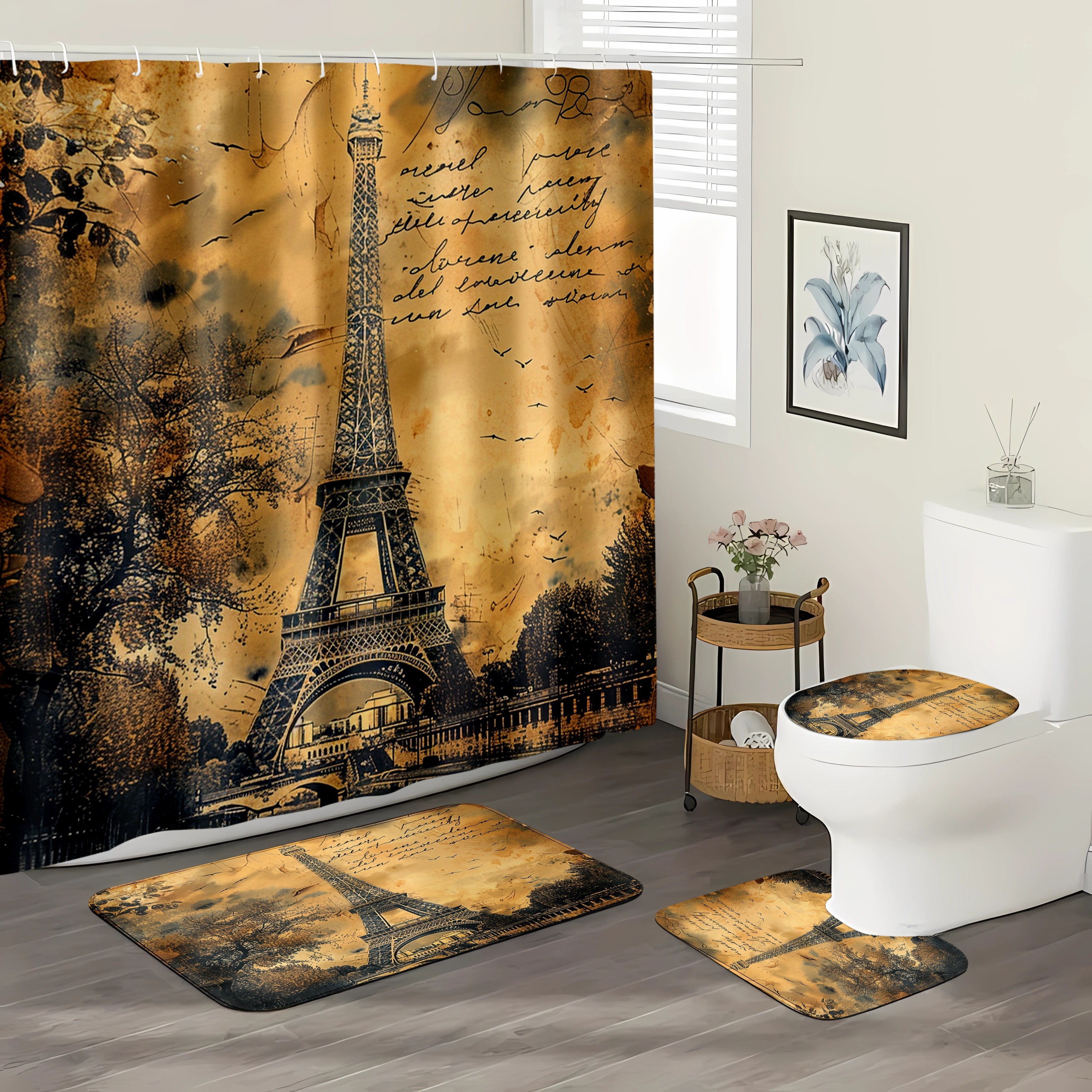 

1/4pcs Retro Paris Shower Curtain Set, 70.8x70.8 Inch Shower Curtain, Including 12 Hooks, Non-slip Bath Mat, Toilet Seat Cover And U-shaped Rug, Complete Decoration