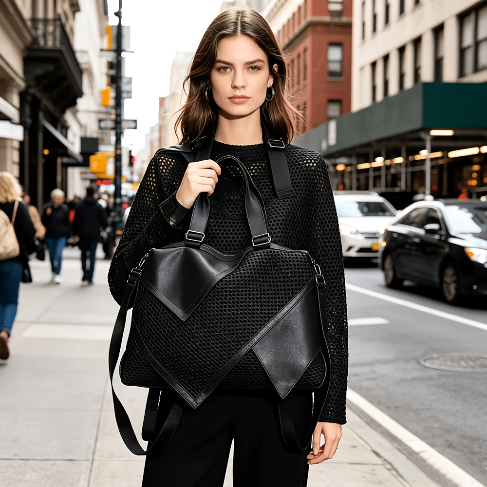 TEMU Women's Mesh & Spliced Tote Bag, Large Capacity Multi-pocket Shoulder Crossbody Bag, Street Style Handbag With Removable Strap, Zipper Closure,
