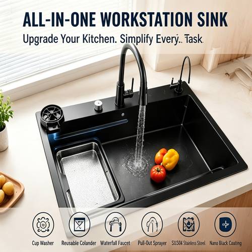 Smart Kitchen Sink Pull-Out Faucet, High-Pressure Cup Washer, Waterfall & Bubble Flow, Stainless Steel, 23.6/ / X 17.7 Inch