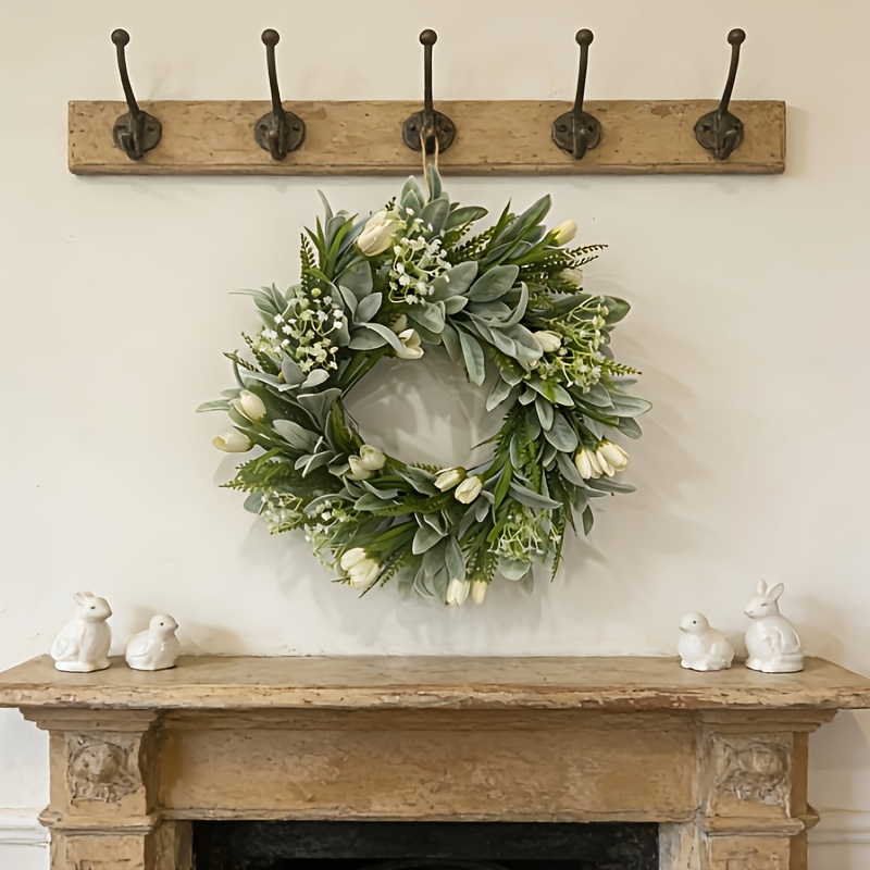 1pc, White Cream Tulip Wreath, Front Door Lamb's Ear Spring Wreath, Front Door Farmhouse Wedding -season Indoor Outdoor Summer Wreath