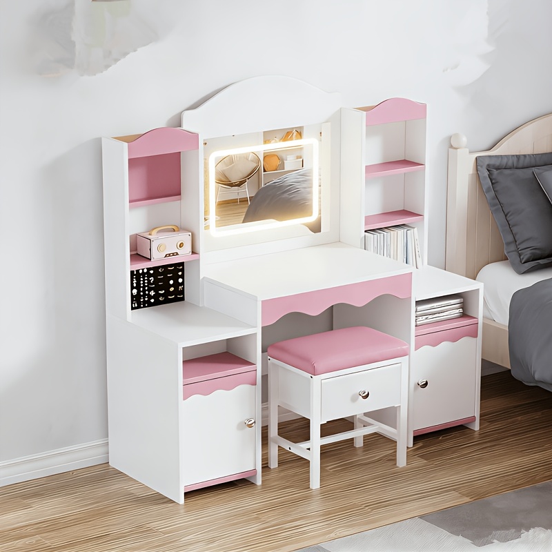 Image of 2-in-1 Vanity Desk With Mirror, Makeup Table Set With Storage Cabinets, Open Shelves And Jewelry Holder, Dressing Table For Bedroom, Dressing Room, White & Pink