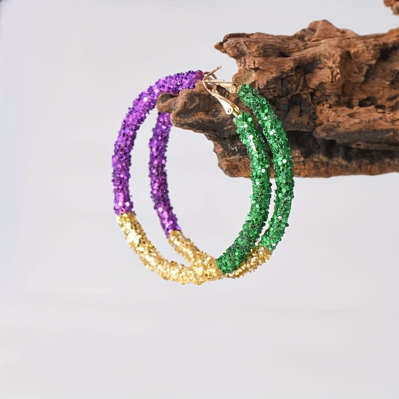 

1 Pair Alloy Hoop Earrings With Sequin Mosaic - Mardi Gras Festival Sparkling Jewelry, Vacation Accessory, Celebratory Fashion For Women