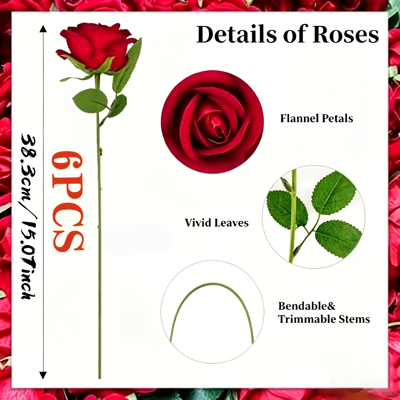 TEMU Fiori Artificiali Confezione da 6 - Artificiali con Foglie Rigogliose - Fiori Finti per Adatti per Uso Interno/Esterno, San Valentino, , ,