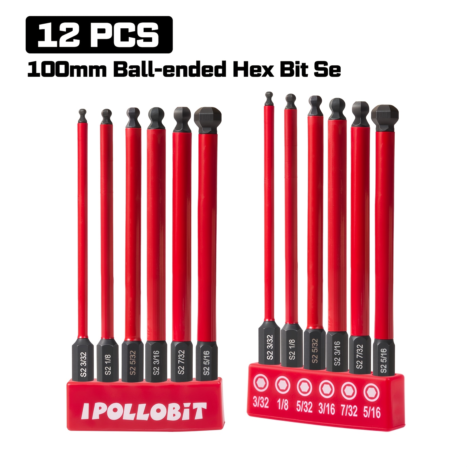 TEMU 12-delige Ball Hex Schroevendraaier Bit Set, 100mm S2 Ball Hex Bits, 3/32-1/8-5/32-7/32-5/16 Inch 1/4" Hex Schacht Impact Driver Bits (Voor