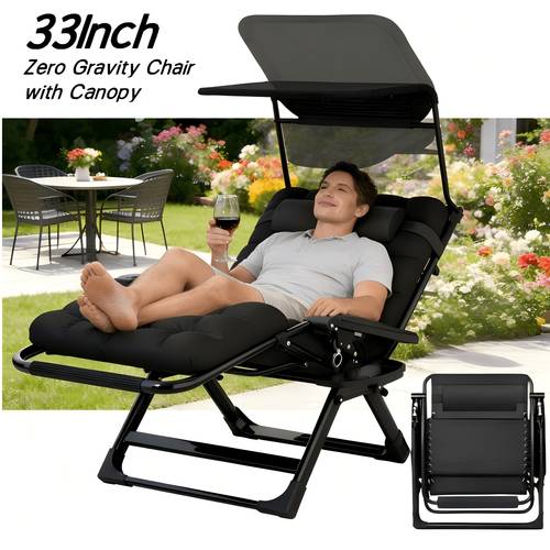 outdoor zero gravity chair with a canopy 26 32in wide padded recliner 500lbs capacity with lock footrest removable washable cushion camping chair heavy duty foldable outdoor lounge for patio poolside relaxation only outdoor