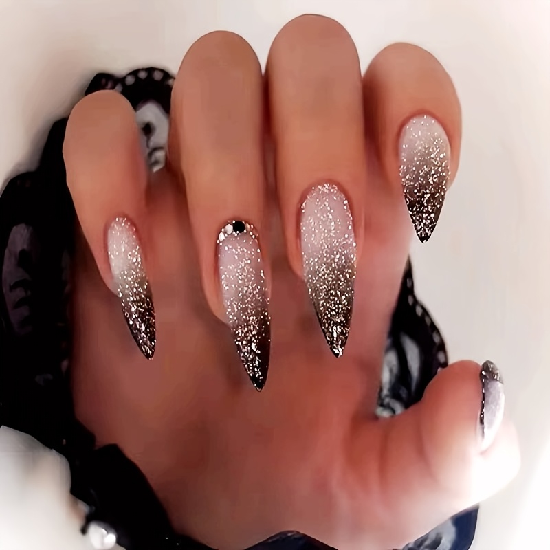 24pcs Extra Long Teardrop Gradient Glitter Onion Powder Tie With Diamond Wearable Nail Art False Nails Suitable For To Wear