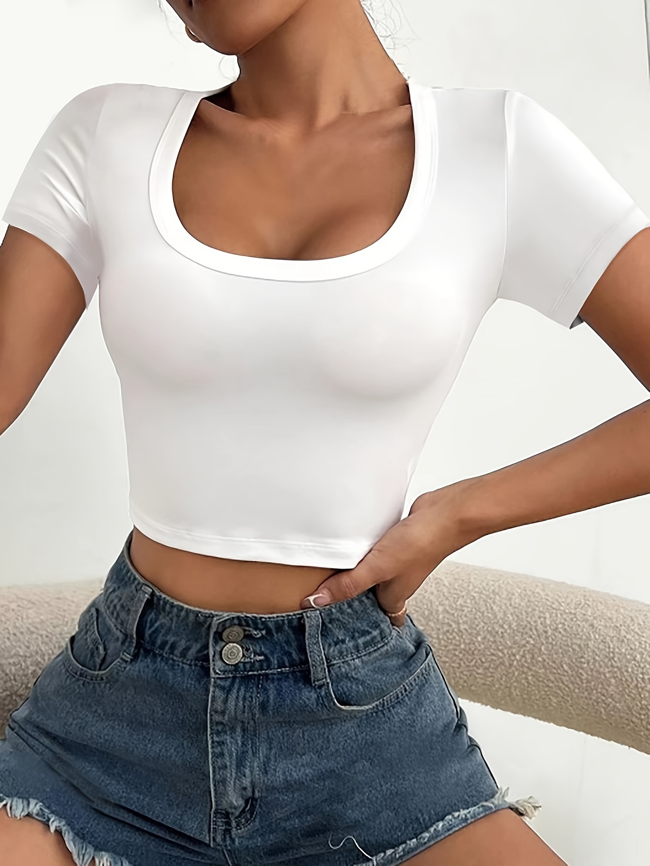 Cute Knit Skinny Crop Top Sexy Button Crew Neck Short Sleeve - Temu