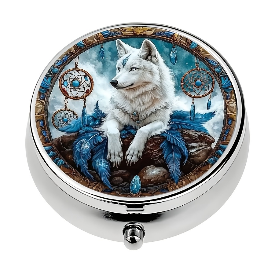 Image of 1pc White Wolf Decorative Metal Pill Box, Small Round Medicine Organizer For Purse Or Pocket, Portable Vitamin Case, Unique Gift, Medicine Pill Box, Vitamin Organizer