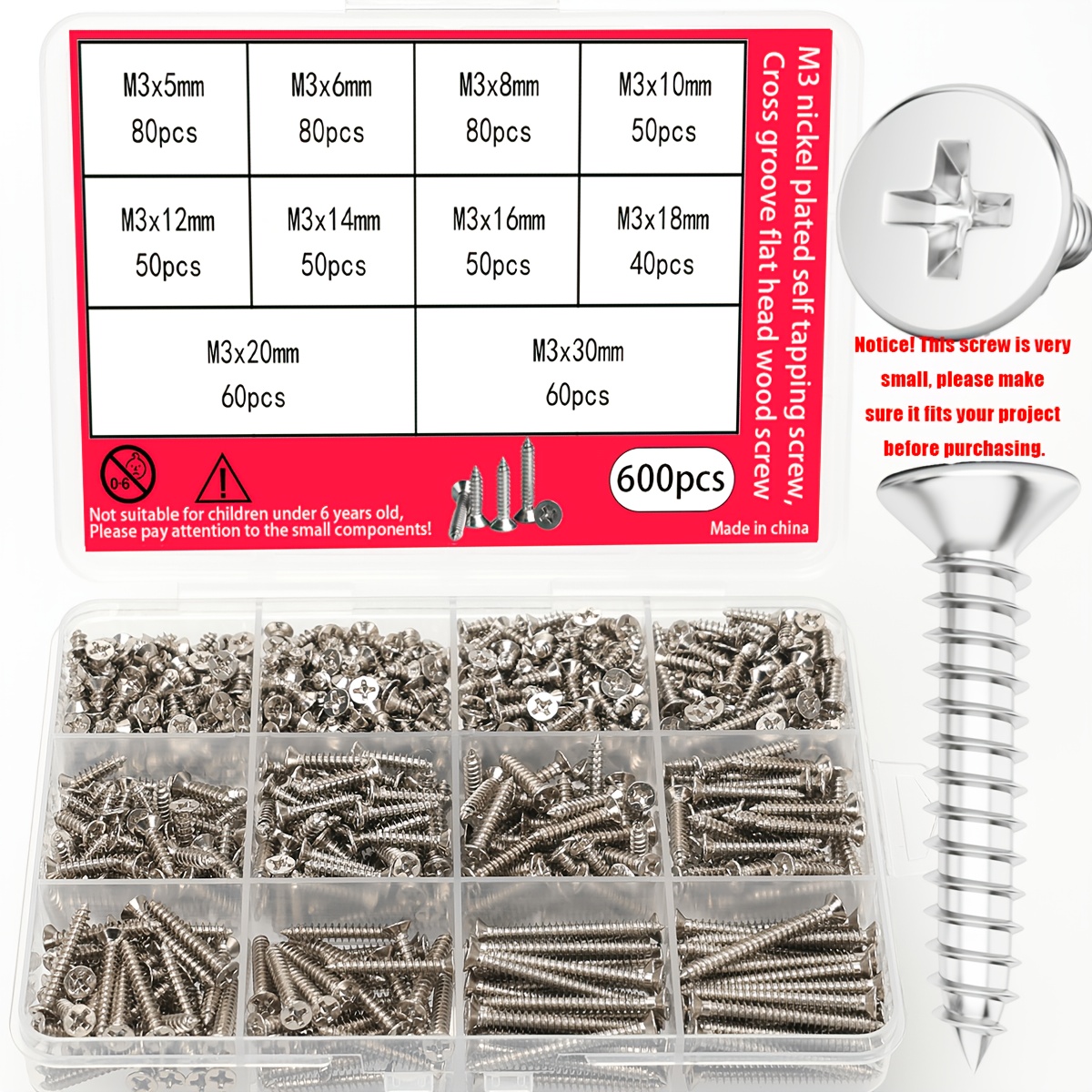 TEMU Set da 600 pezzi - Viti autofilettanti per legno a testa Phillips placcata M3, lunghezze (5mm-30mm), viti a testa Phillips, viti autofilettanti,