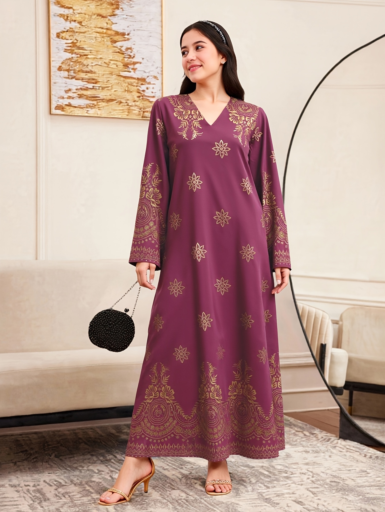 elegant purple v neck long sleeve maxi dress women - Temu