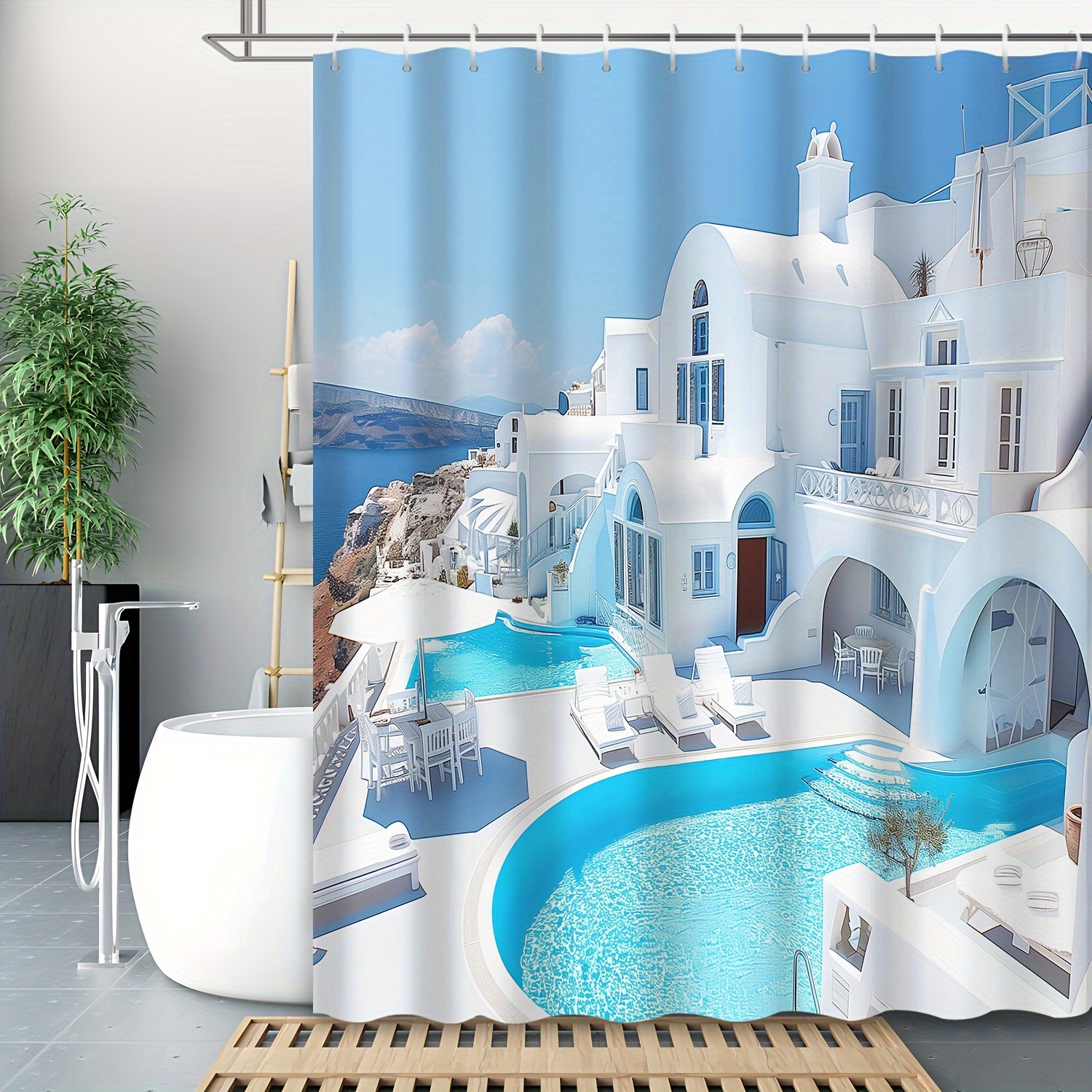 

1pc Greek Mediterranean Town Pattern Shower Curtain, Waterproof Shower Curtain With 12 Hooks, Bath Curtain, Bathroom Partition, Room Decoration, Machine Wash Window Bathroom Decoration